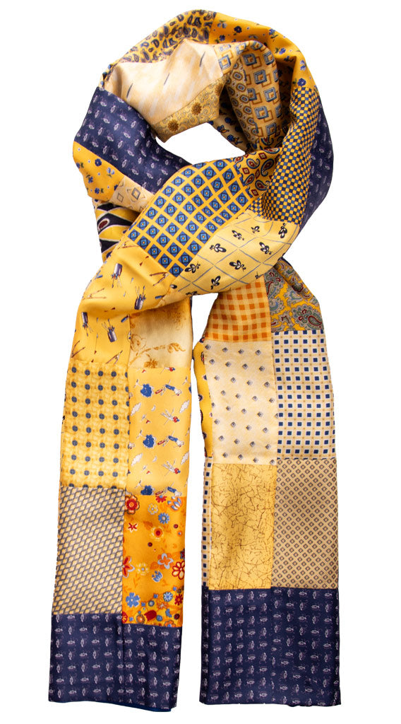 Sciarpa di Seta Gialla Vintage Patchwork Fantasia Multicolor Made in Italy Graffeo Cravatte Intera