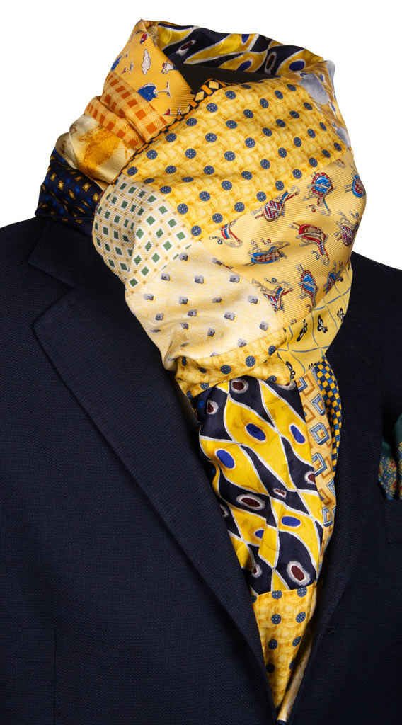 Sciarpa di Seta Gialla Vintage Patchwork Fantasia Multicolor Made in Italy Graffeo Cravatte