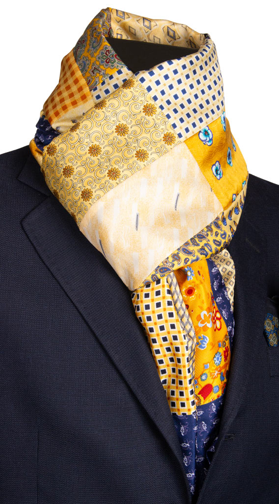 Sciarpa di Seta Gialla Vintage Patchwork Fantasia Multicolor Made in italy Graffeo Cravatte