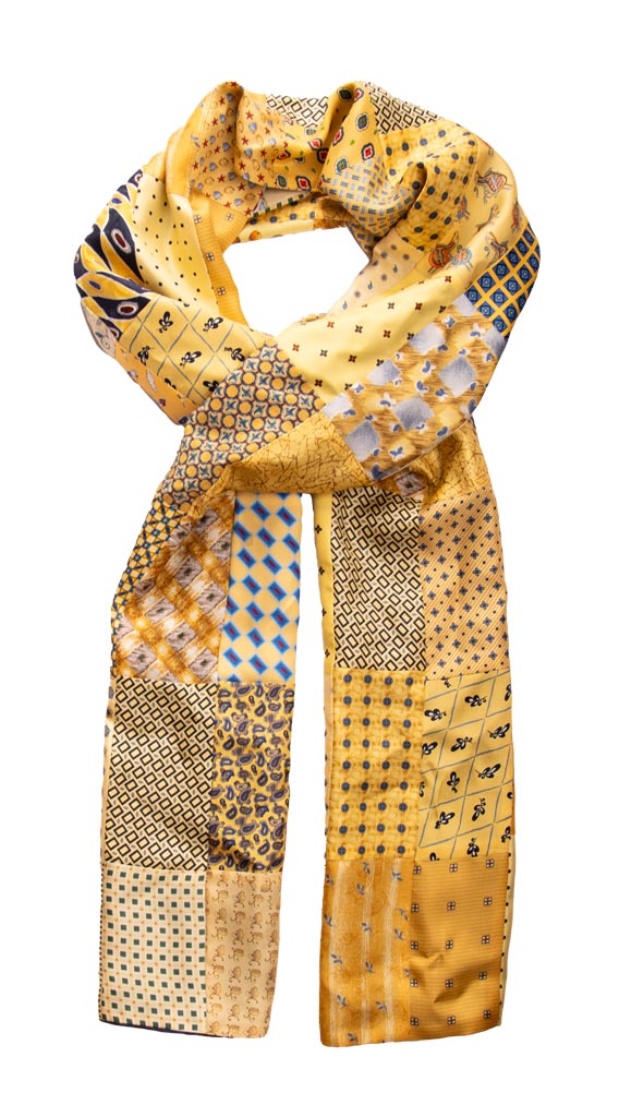 Sciarpa di Seta Gialla Vintage Patchwork Fantasia Multicolor Made in Italy Graffeo Cravatte Intera