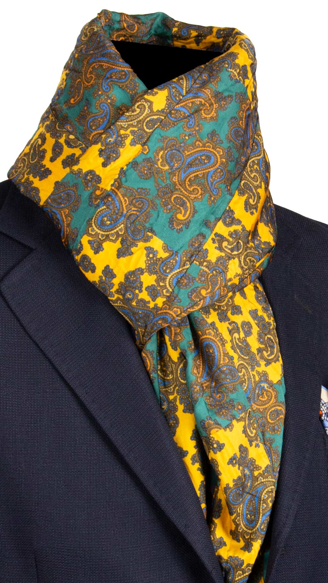 Sciarpa-di-Seta-Giallo-Senape-Verde-Vintage-Patchwork-Paisley-Multicolor- S676