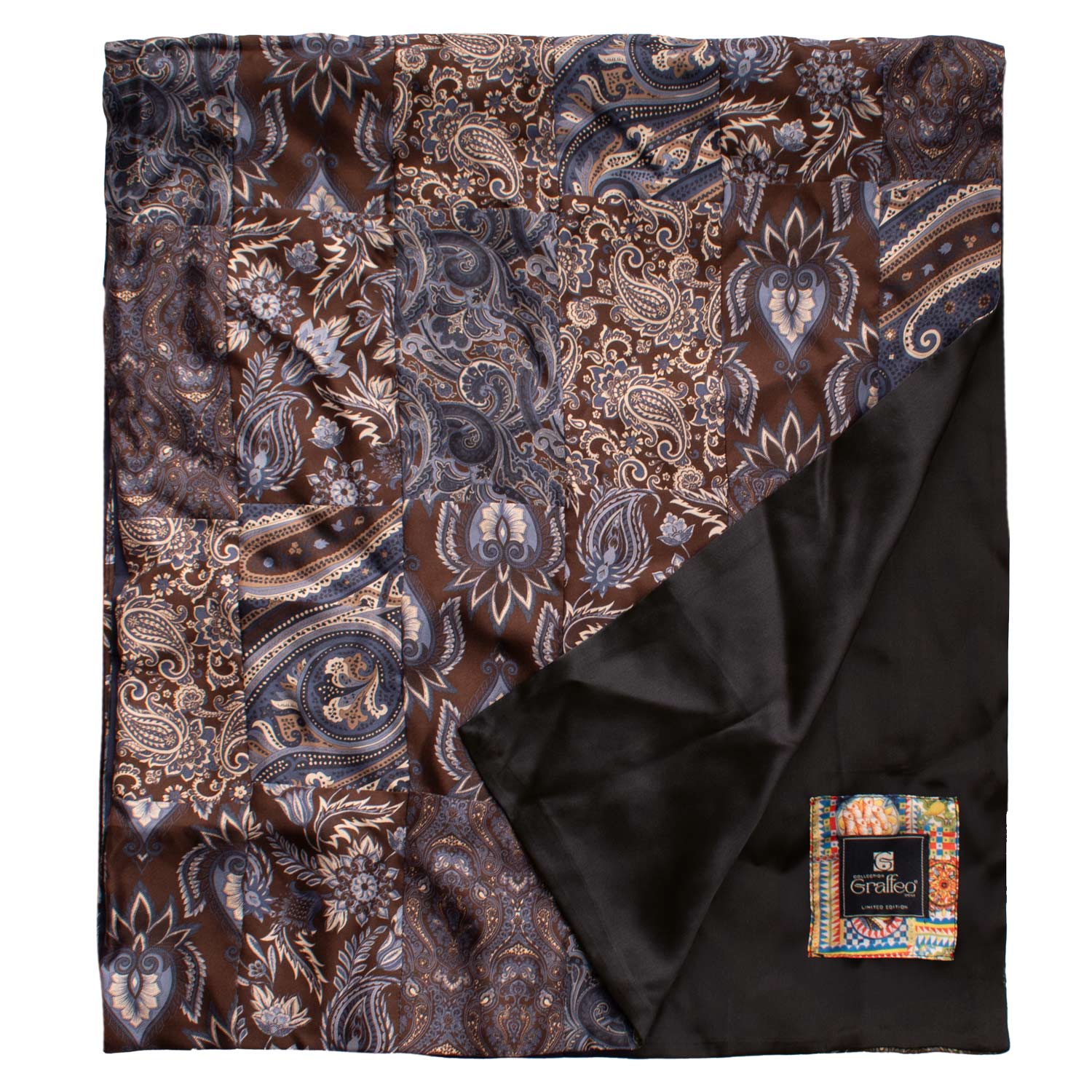 Sciarpa di Seta Marrone Patchwork Paisley Celeste Bianco Made in Italy Graffeo Cravatte Retro