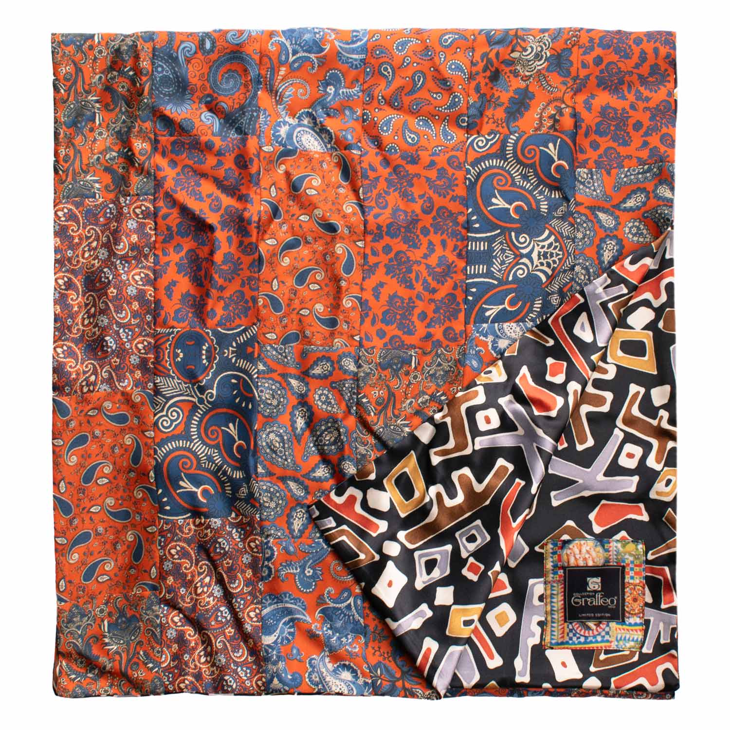 Sciarpa di Seta Patchwork Arancione Paisley Bluette Bianco Made in Italy Graffeo Cravatte Retro