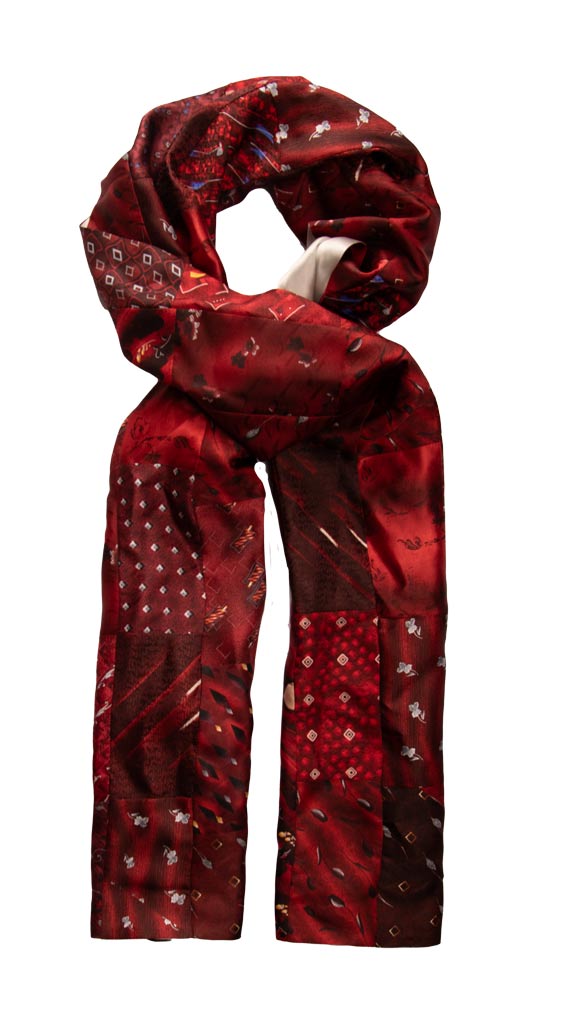Sciarpa di Seta Rossa Bordeaux Vintage Patchwork Fantasia Multicolor Made in Italy Graffeo Cravatte Intera