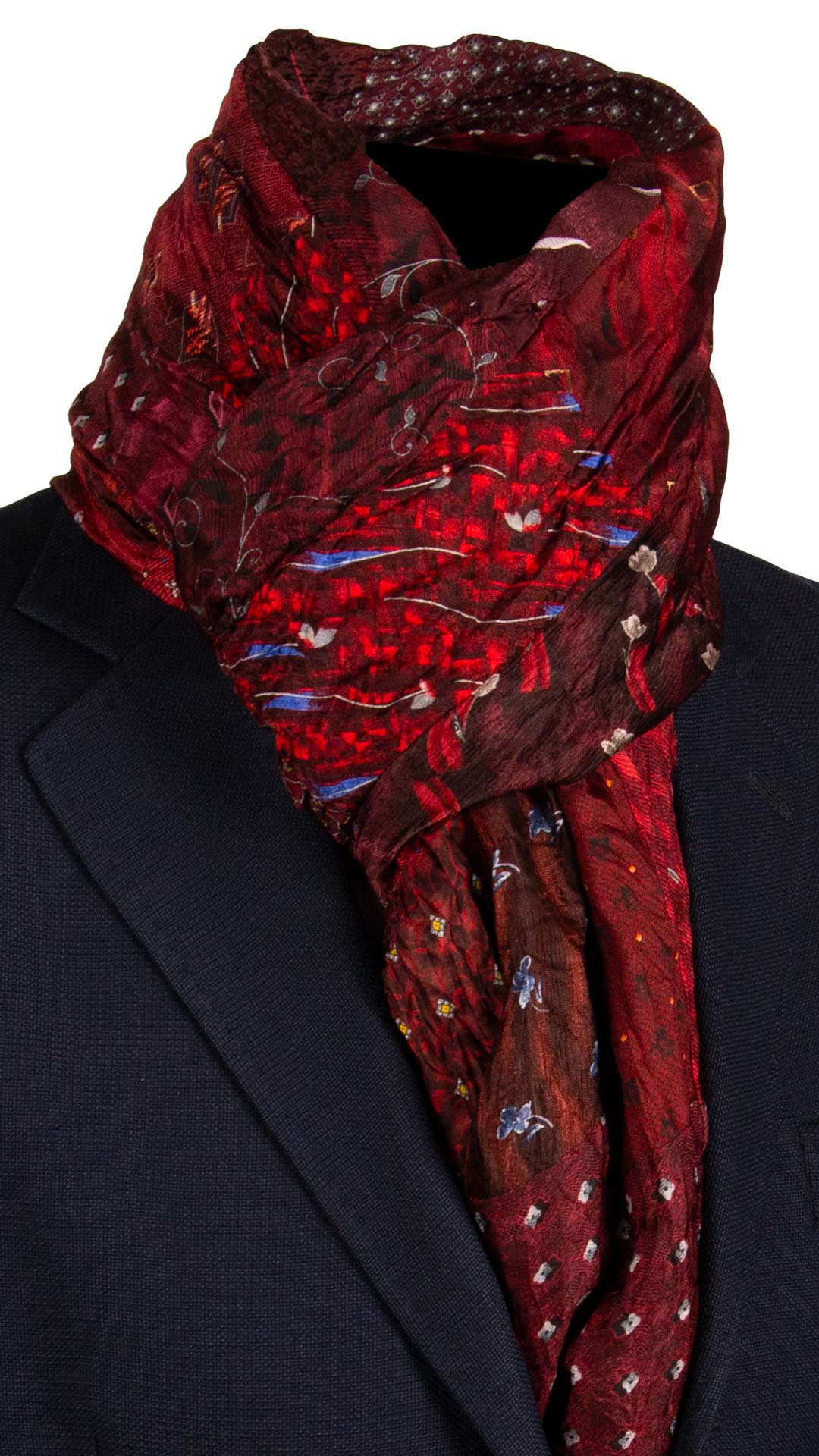 Sciarpa di Seta Rosso Bordeaux Vintage Patchwork Fantasia Multicolor S741 Made in Italy Graffeo Cravatte