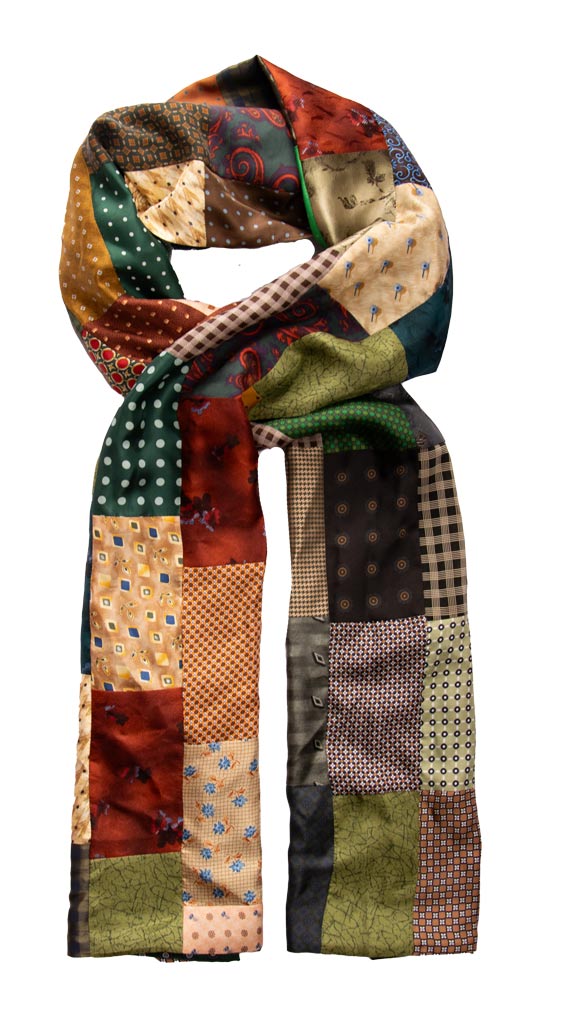 Sciarpa di Seta Verde Marrone Vintage Patchwork Fantasia Multicolor Made in Italy Graffeo Cravatte Intera