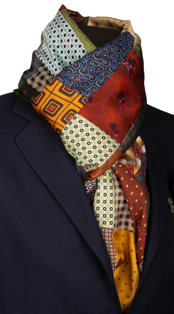 Sciarpa di Seta Verde Marrone Vintage Patchwork Fantasia Multicolor Made in Italy Graffeo Cravatte