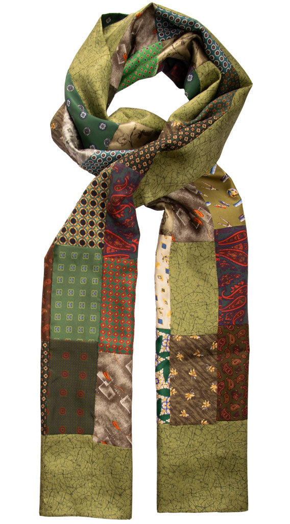 Sciarpa di Seta Verde Vintage Patchwork Fantasia Multicolor Made in Italy Graffeo Cravatte Intera