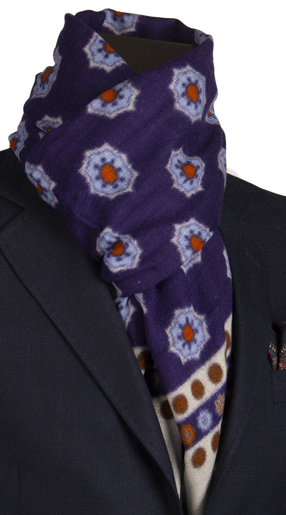 Sciarpa Pashmina di Cashmere Violetto Medaglioni Celesti Marroni Made in Italy Graffeo Cravatte
