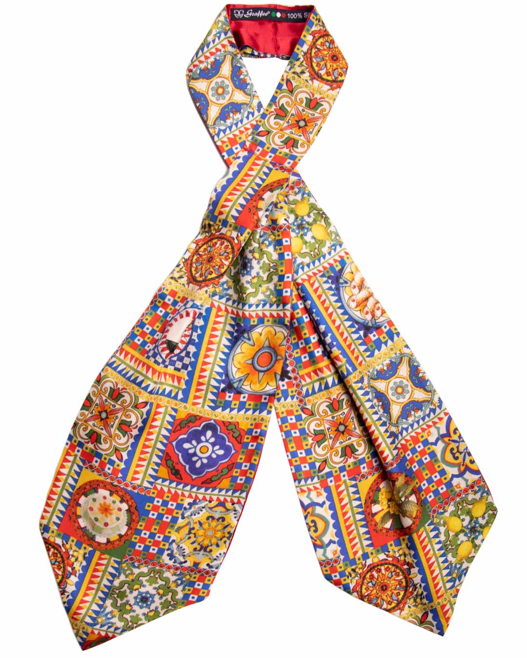 Ascot Stampa in Twill di Seta con Maioliche Disegni Siciliani Made in Italy Graffeo Cravatte