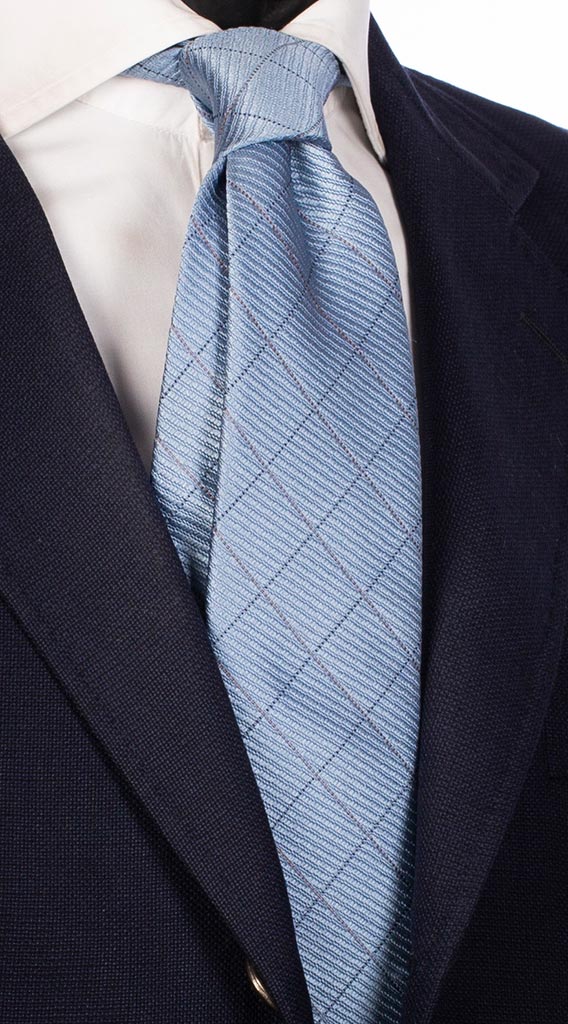 Cravatta A Quadri di Seta Celeste Blu Marrone Made in Italy Graffeo Cravatte
