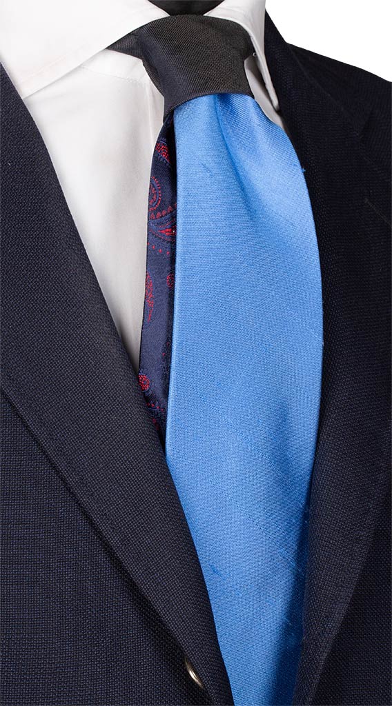 Cravatta Azzurra Shantung di Seta Nodo in Contrasto Blu Made in Italy Graffeo Cravatte