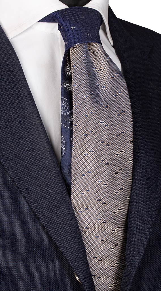 Man Beige Silk Tie Blue Pattern Deep Blue Contrast Knot N2127