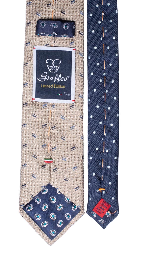 Cravatta Beige Fantasia Celeste Nodo in Contrasto Blu Paisley Made in Italy Graffeo Cravatte Pala