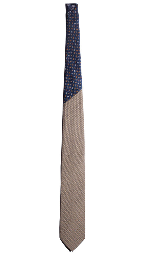 Cravatta Beige Nodo in Contrasto Blu Navy a Fiori Arancioni Bianchi Made in Italy Graffeo Cravatte Intera
