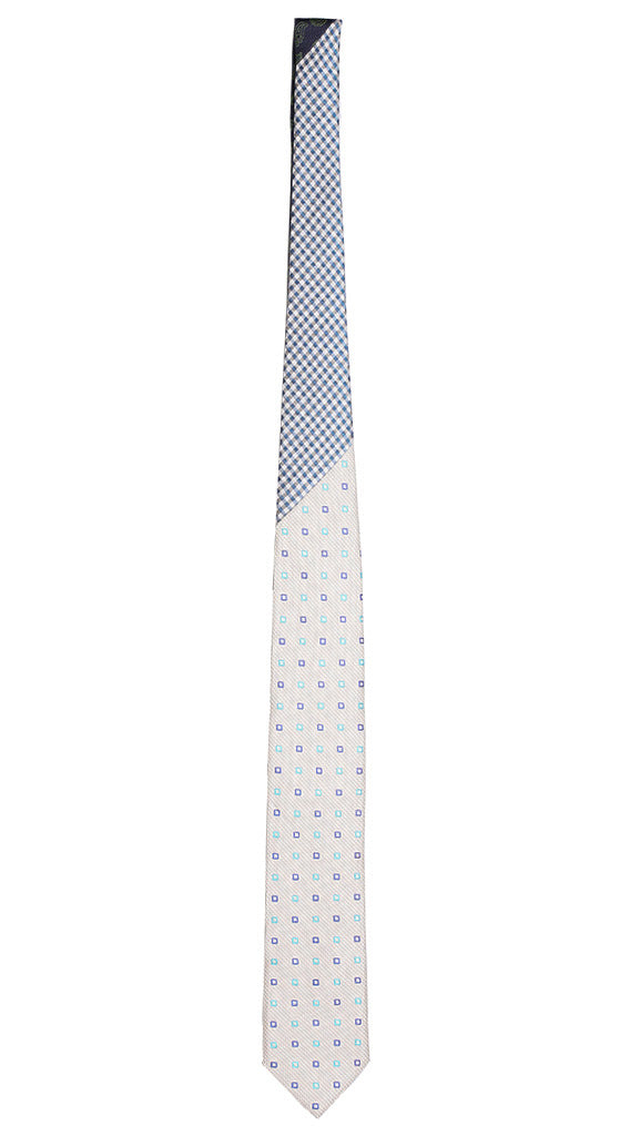 Cravatta Bianca Grigia Fantasia Bluette Celeste Nodo in Contrasto a Quadri Made in Italy Graffeo Cravatte Intera