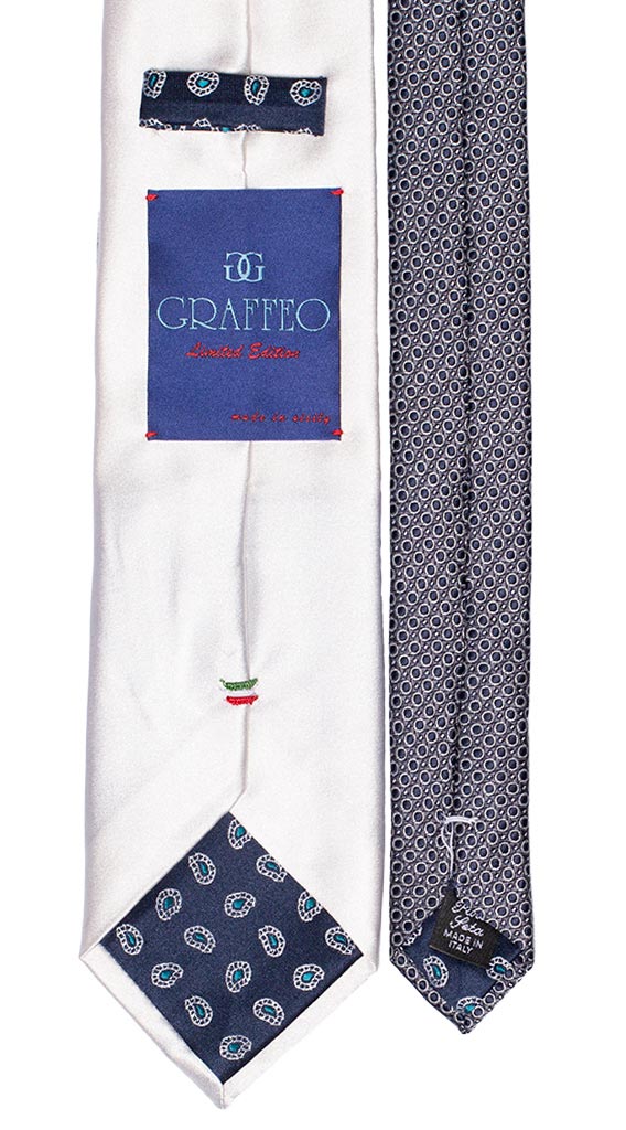 Cravatta Bianco Perla di Raso Nodo In Contrasto Blu Micro Pois Bianchi Made in Italy Graffeo Cravatte Pala