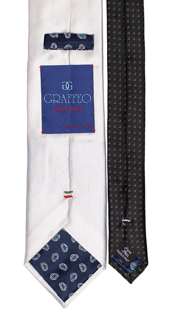 Cravatta Bianco Perla di Raso Nodo In Contrasto Nero Pois Bianchi Made in Italy Graffeo Cravatte Pala