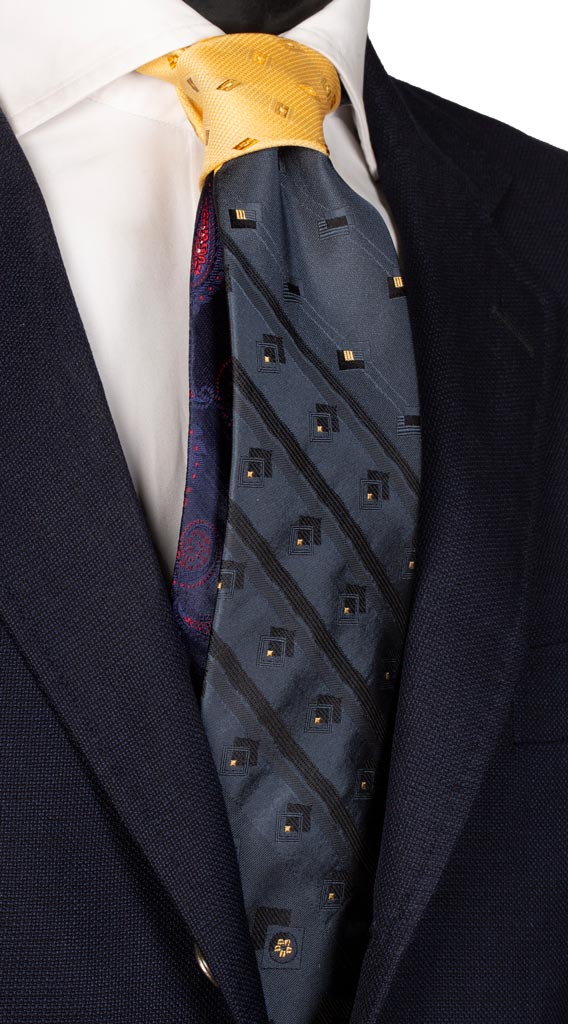Cravatta Blu Avio Fantasia Gialla Nodo in Contrasto Giallo Marrone Made in Italy Graffeo Cravatte