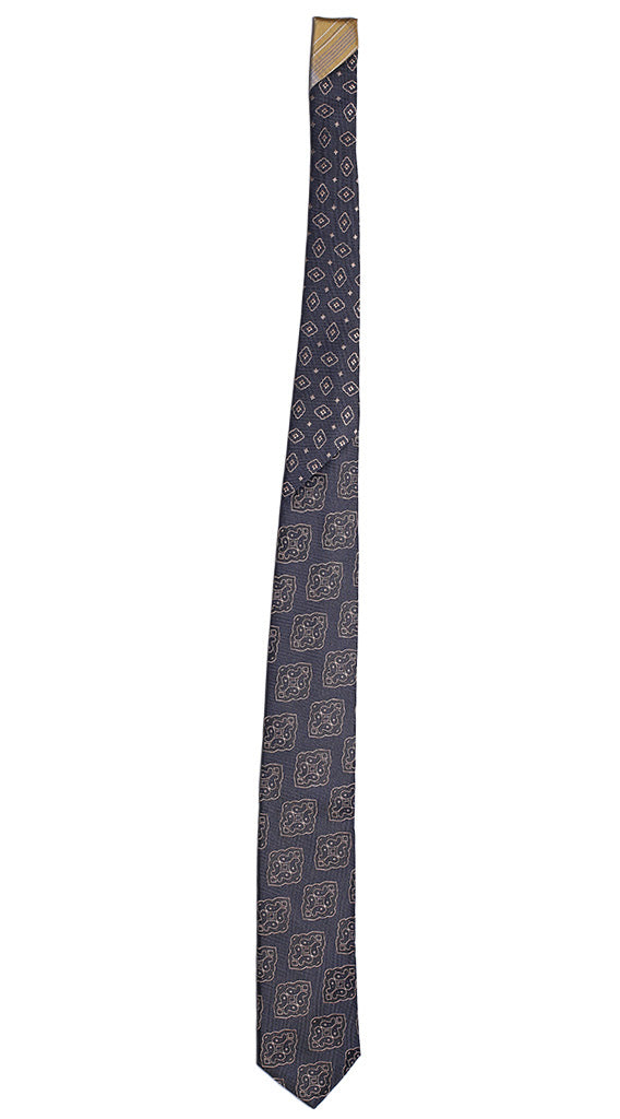 Cravatta Blu Fantasia Medaglioni Marrone Nodo In Contrasto Blu Fantasia Marrone Made in Italy Graffeo Cravatte Intera