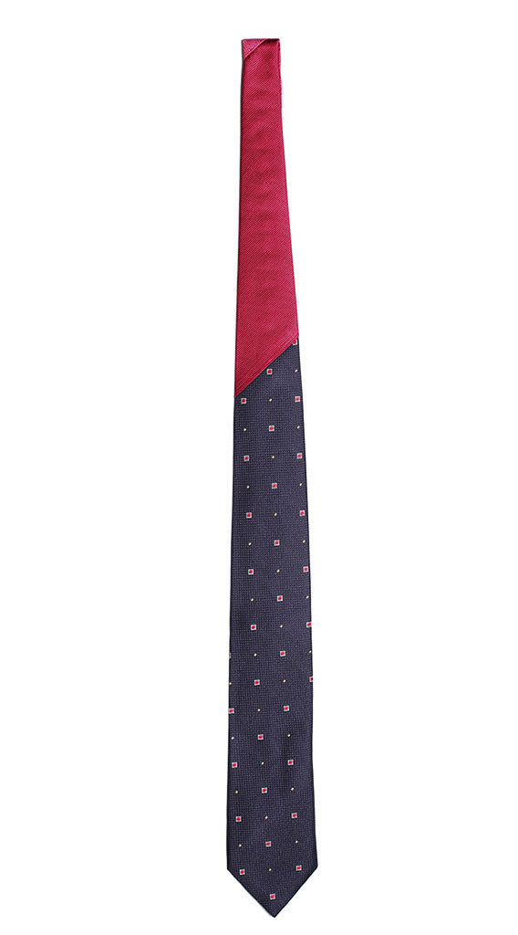 Cravatta Blu Fantasia Rosso Bianco Giallo Nodo a Contrasto Rosso Tinta Unita Made in Italy Graffeo Cravatte Intera