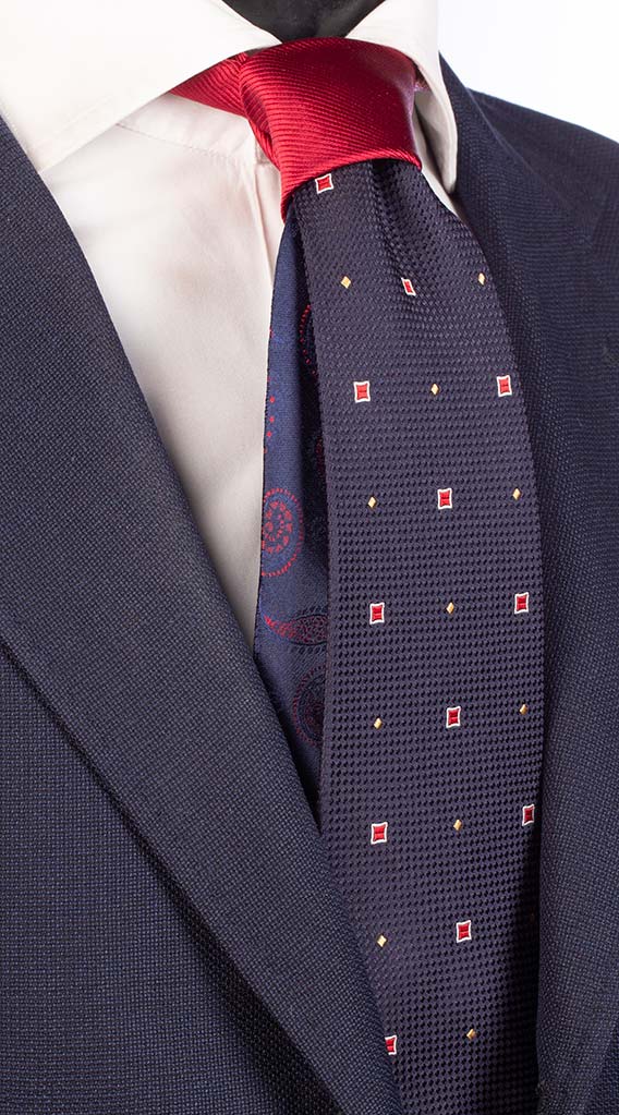 Cravatta Blu Fantasia Rosso Bianco Giallo Nodo a Contrasto Rosso Tinta Unita Made in Italy Graffeo Cravatte