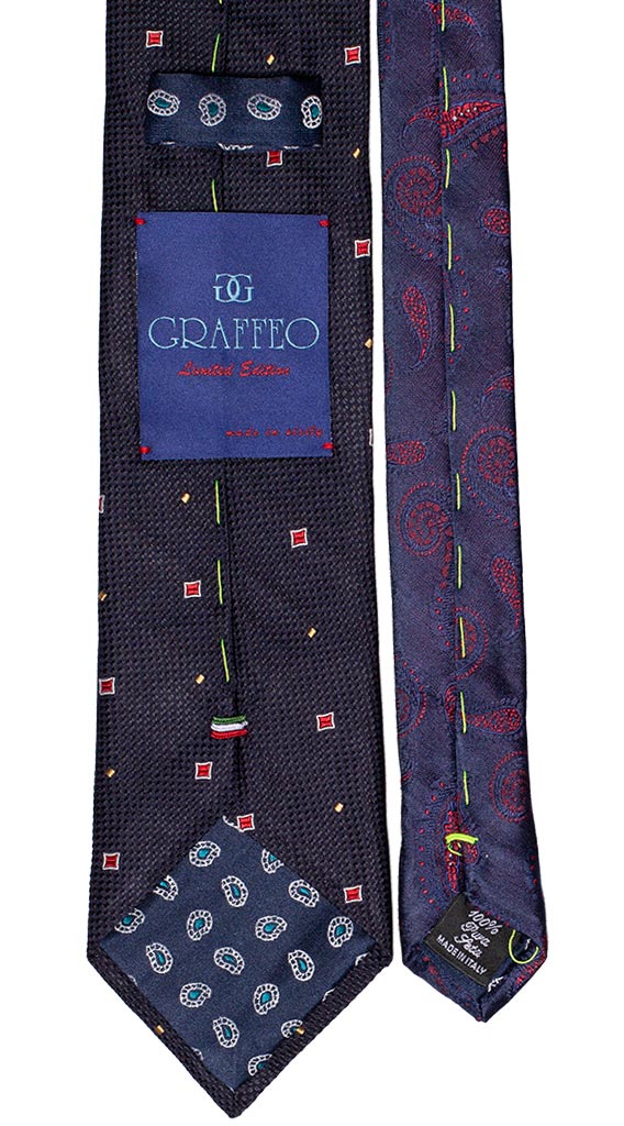 Cravatta Blu Fantasia Rosso Bianco Giallo Nodo a Contrasto Rosso Tinta Unita Made in Italy Graffeo Cravatte Pala