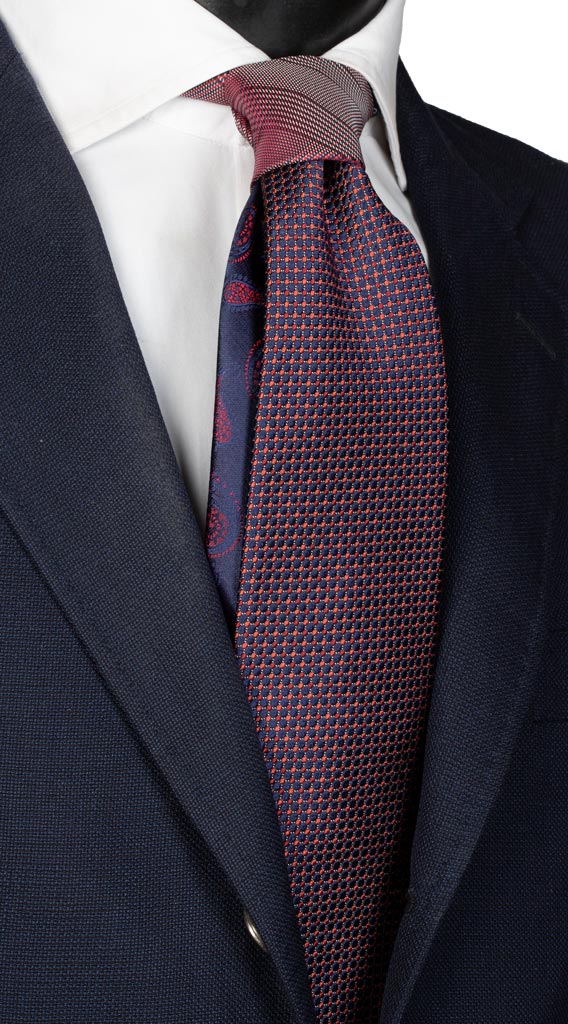 Cravatta Blu Fantasia Ruggine Nodo in Contrasto Principe di Galles Amaranto Blu Made in Italy graffeo Cravatte