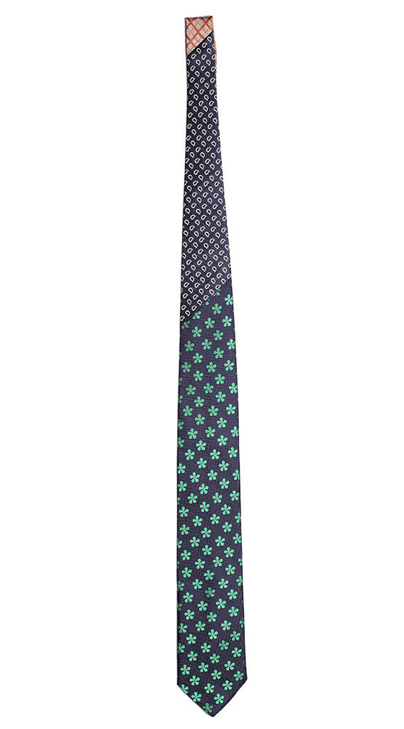 Cravatta Blu Fiori Verde Bianchi Nodo a Contrasto Blu Paisley Verde Made in italy Graffeo Cravatte Intera