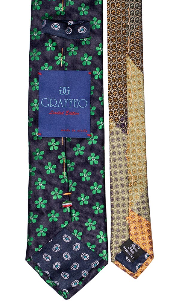 Cravatta Blu Fiori Verde Bianchi Nodo a Contrasto Blu Paisley Verde Made in Italy Graffeo Cravatte Pala