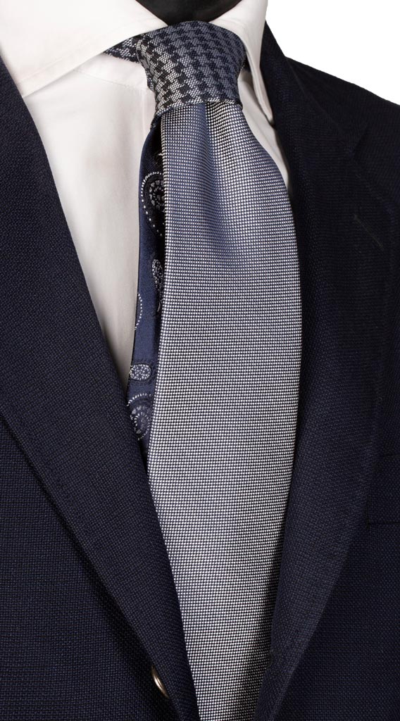 Cravatta Blu Grigia Nodo in Contrasto Fantasia Pied de Poule Blu Grigio Made in Italy graffeo Cravatte