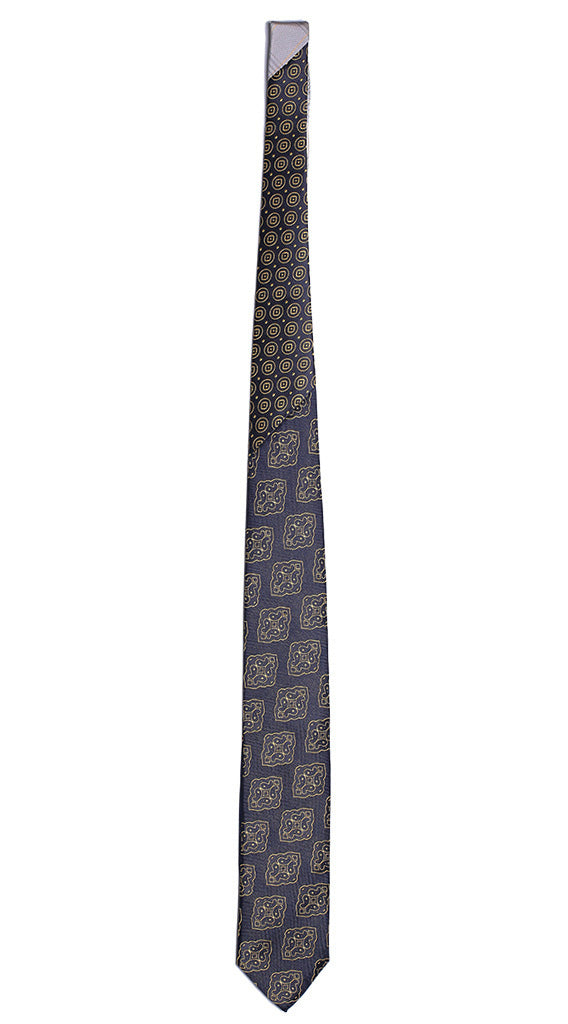 Cravatta Blu Medaglioni Gialli Nodo In Contrasto Blu Fantasia Gialla Made in Italy Graffeo Cravatte Intera