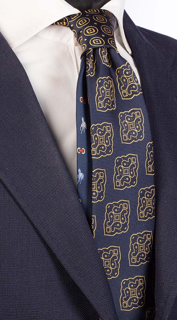 Cravatta Blu Medaglioni Gialli Nodo In Contrasto Blu Fantasia Gialla Made in italy Graffeo Cravatte