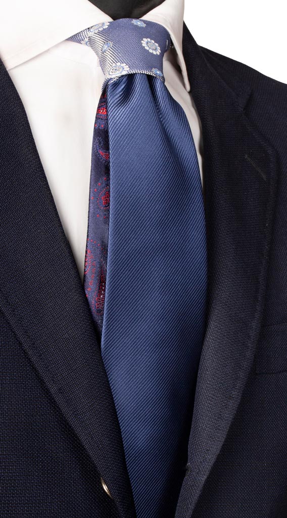 Cravatta Blu Navy Nodo in Contrasto Celeste Grigio a Fiori Made in Italy Graffeo Cravatte
