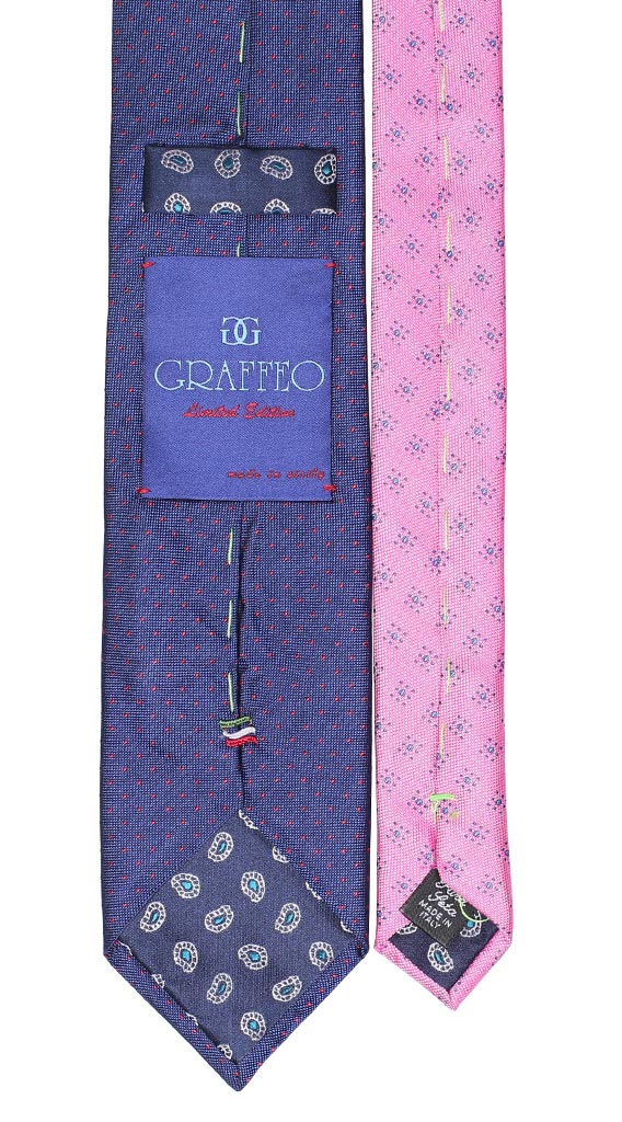 Cravatta Blu Navy Punto a Spillo Rosso Nodo in Contrasto Rosso Fantasia Bianca Made in Italy Graffeo Cravatte Pala