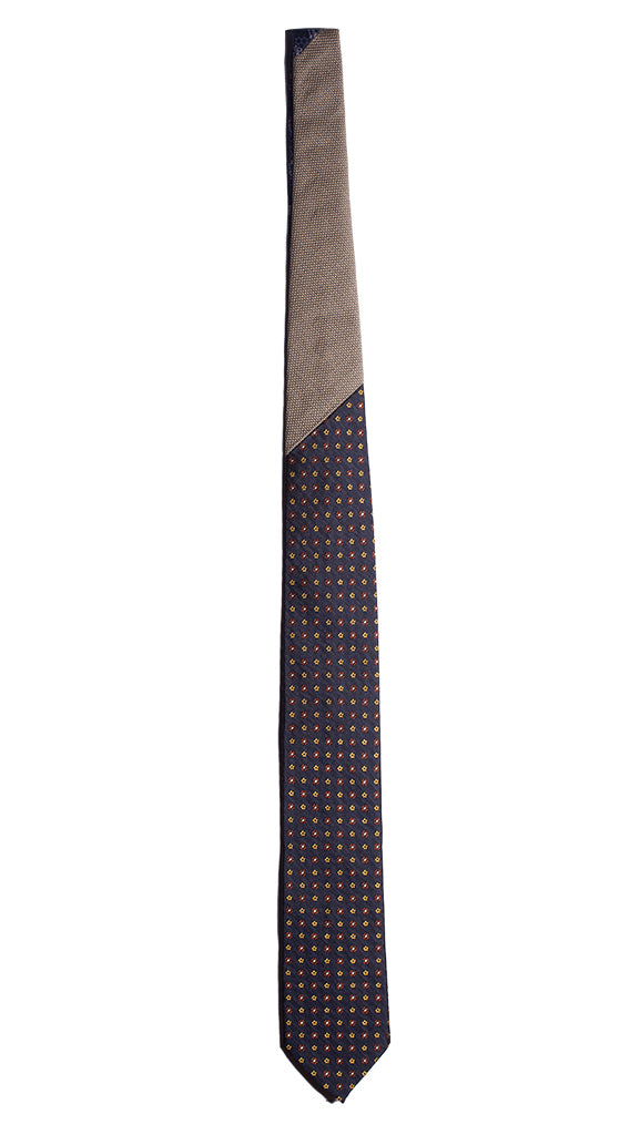 Cravatta Blu Notte Fantasia Marrone Gialla Nodo in Contrasto Beige Made in Italy Graffeo Cravatte Intera