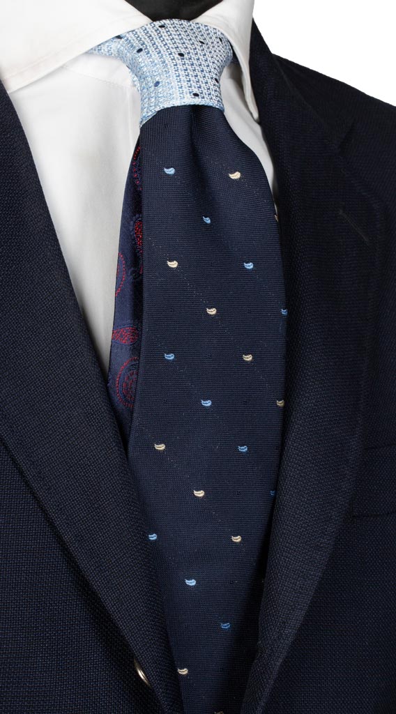Cravatta Blu Paisley Celeste Beige Nodo in Contrasto Celeste a Pois Blu Made in Italy graffeo Cravatte