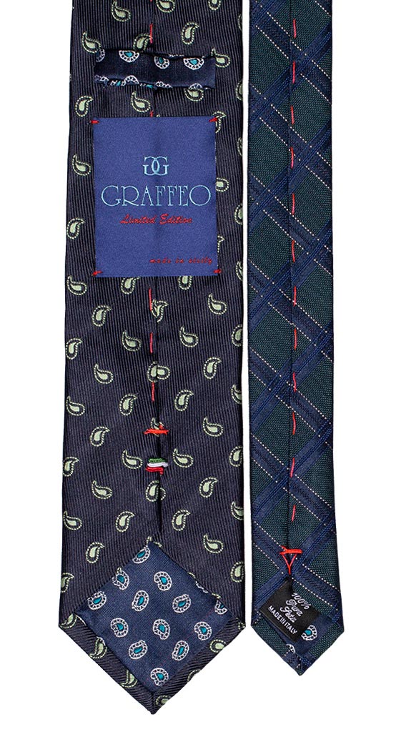 Cravatta Blu Paisley Verde Nodo a Contrasto Verde Fantasia Bianca Blu Made in Italy Graffeo Cravatte Pala