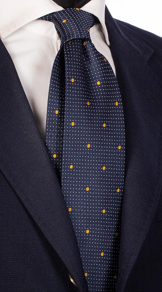 Cravatta Blu Punto A Spillo Bianco Con Pois Gialli Made in Italy Graffeo Cravatte