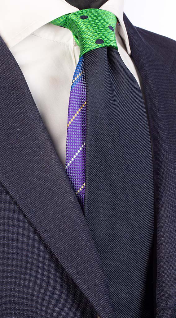 Cravatta Blu Riga Tono su Tono Nodo a Contrasto Verde Pied de Poule Pois Blu Made in Italy Graffeo Cravatte