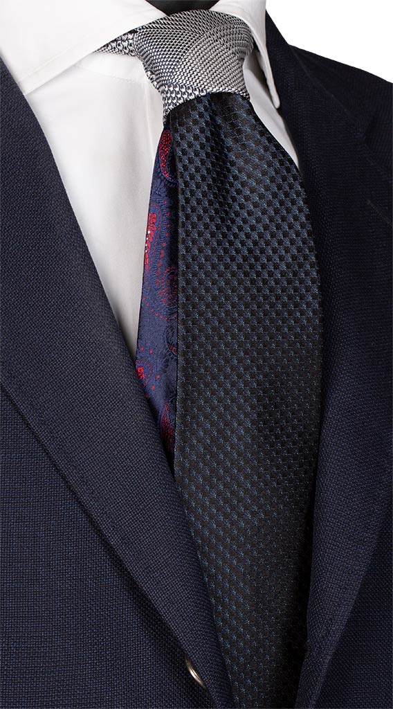 Cravatta Cerimonia Blu Petrolio Nodo in Contrasto Principe di Galles Blu Bianco Made in Italy Graffeo Cravatte