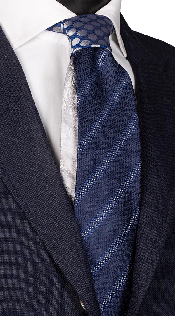 Cravatta Cerimonia Regimental Blu Bianco Nodo in Contrasto Bluette Pois Grigio Made in Italy Graffeo Cravatte