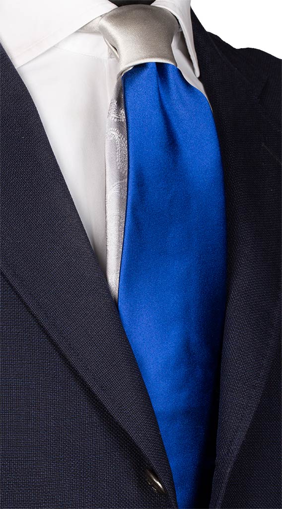Cravatta Cerimonia di Raso Bluette Nodo in Contrasto Grigio Argento Made in Italy graffeo Cravatte