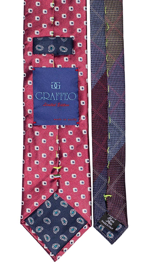 Cravatta Fucsia Fantasia Bianca Blu Nodo in Contrasto Blu Riga Tono Su Tono Made in italy Graffeo Cravatte Pala