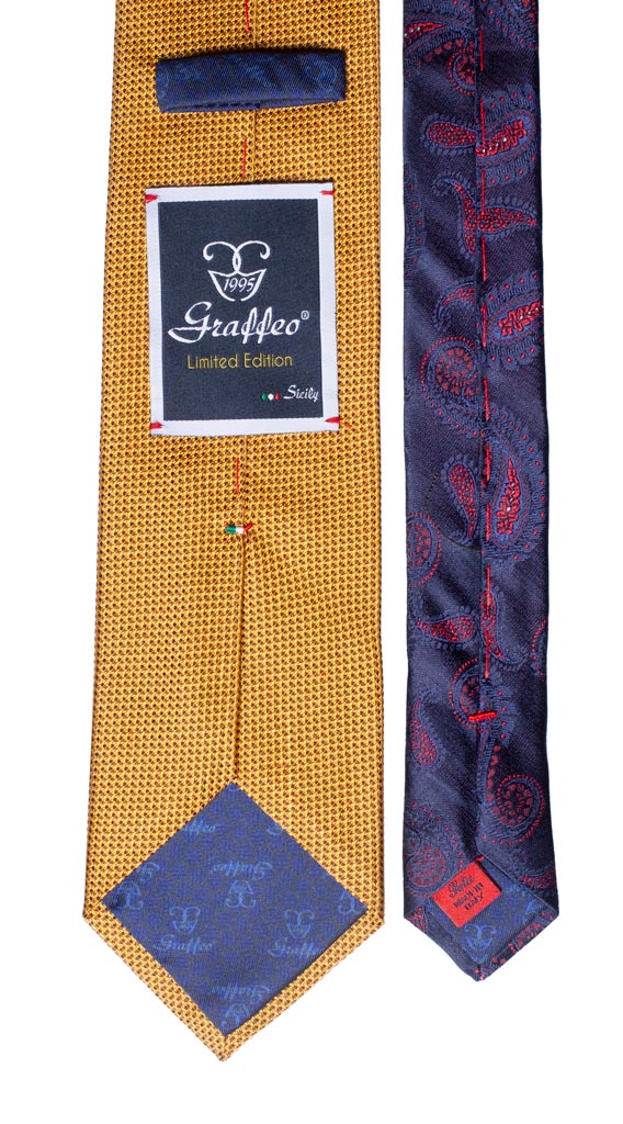 Cravatta Gialla Fantasia Marrone Nodo in Contrasto Blu Fantasia Made in Italy Graffeo Cravatte Pala