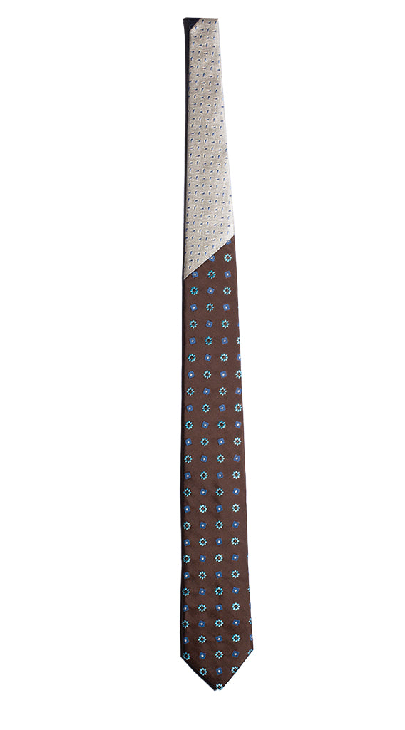 Cravatta Marrone Fantasia Bluette Turchese Nodo in Contrasto Avorio Made in Italy Graffeo Cravatte Intera