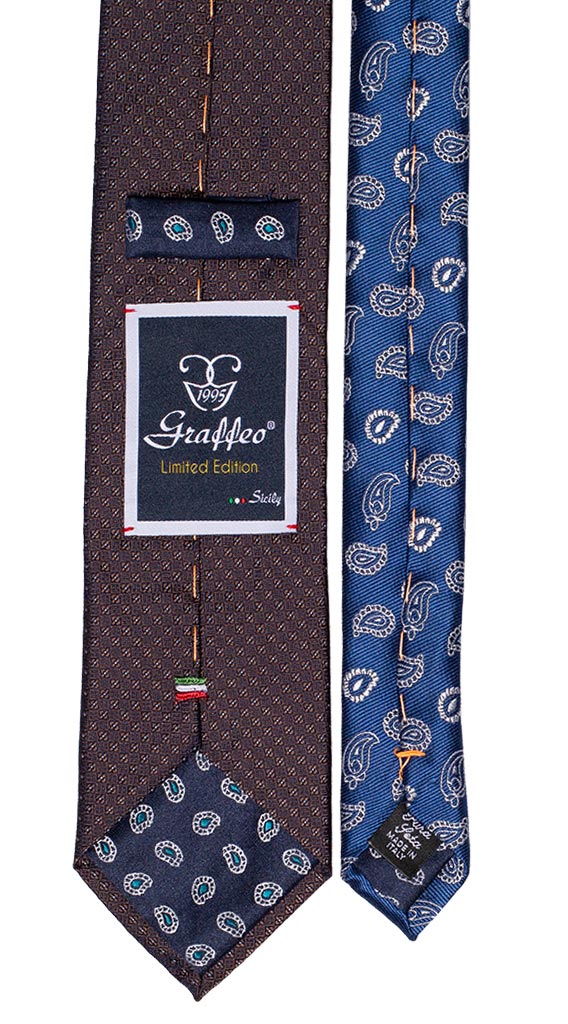Cravatta Marrone Fantasia Marrone Celeste Nodo In Contrasto Celeste Pois Celesti Bianchi Made in Italy Graffeo Cravatte Pala
