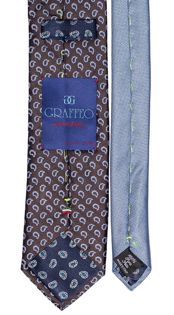 Cravatta Marrone Paisley Celeste Nodo In Contrasto Celeste Fantasia Bianca Made in Italy Graffeo Cravatte Pala