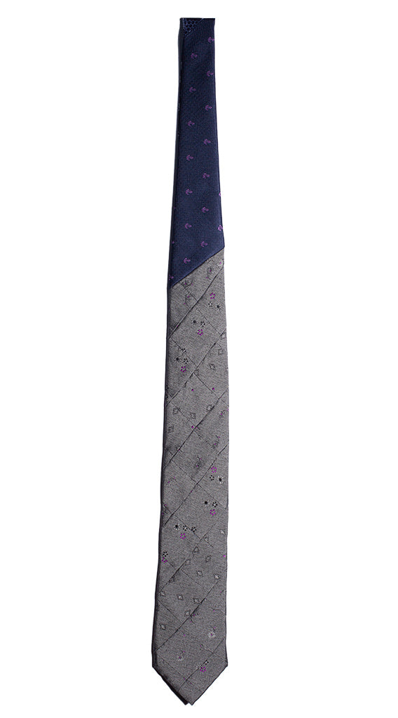 Cravatta Mosaico Grigia Patchwork di Seta Viola Blu Made in Italy Graffeo Cravatte Intera