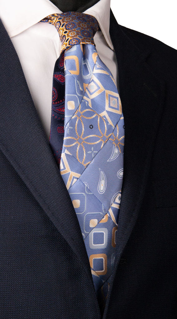Cravatta Mosaico Patchwork di Seta Blu Avio Fantasia Made in Italy Graffeo Cravatte